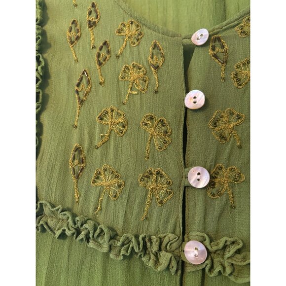 Vintage Boho Chic Green Embroidered Button-Down Tunic Top By CGNY Long Sleeve - Picture 11 of 14
